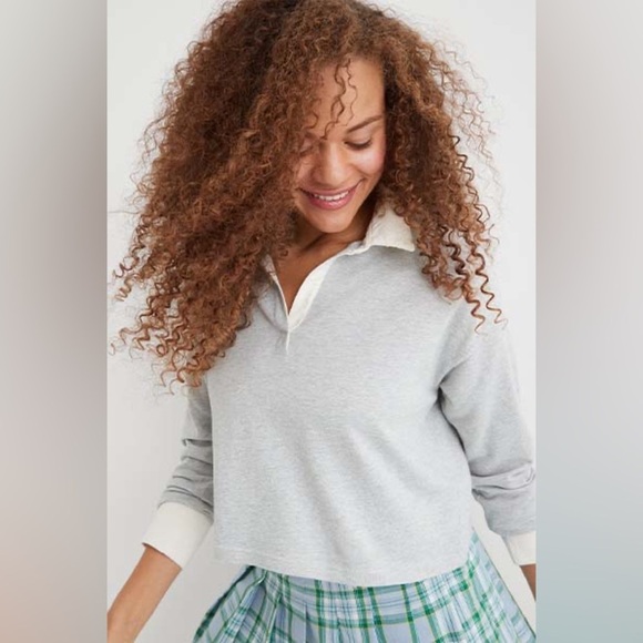 Aerie Polo Collar Light Gray Cropped Long-sleeve - Picture 2 of 7